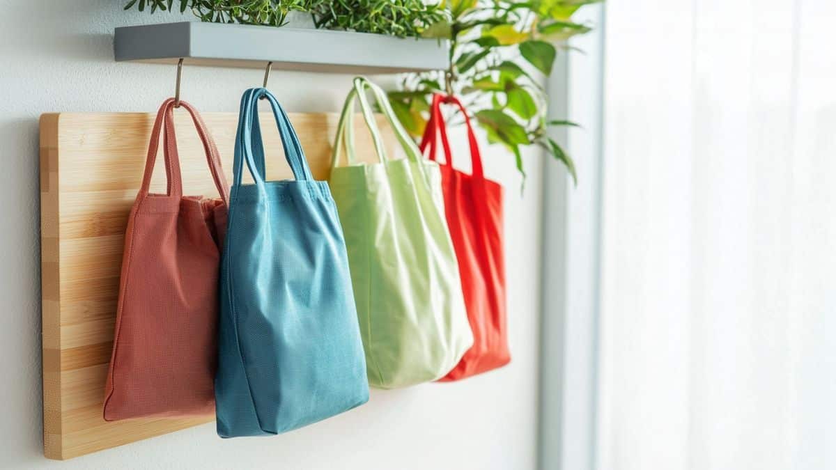 Une planche de bois avec 3 crochets qui organise tous les sacs réutilisables