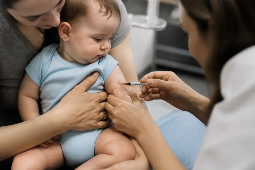 Bebe en body bleu recevant une piqure au bras