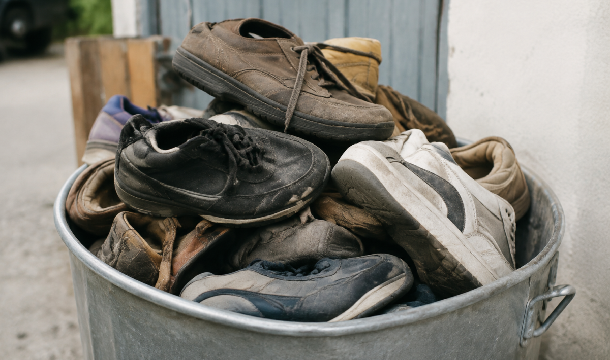 Vieilles chaussures empilees receptacle metal gris