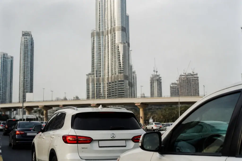Grande tour vitree au centre de Dubai, circulation dense
