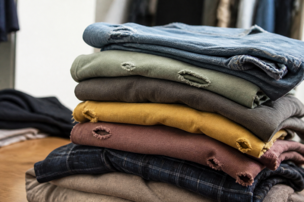 Vetements colores empiles montrant usure textile naturelle